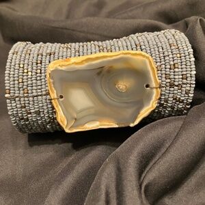 Vintage bracelet grey beaded cuff with oversized agate stone accent Bold Bohemia